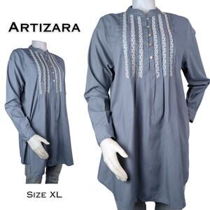 Artizara Tunic Top XL Slate Blue White Embroidered Long Sleeve Boho Button Front
